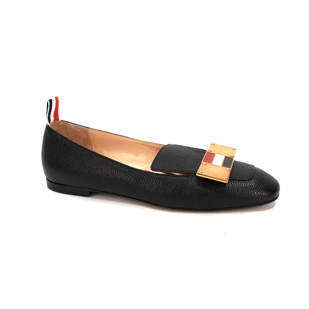 Thom Browne Apron Toe Black Striped Gold Bow Flats 36 Pebbled Leather Shoes